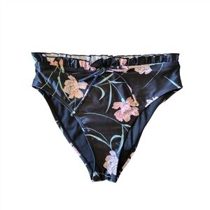 80s Vintage Floral Black And Pink Ruffle Bikini Bottom Size M